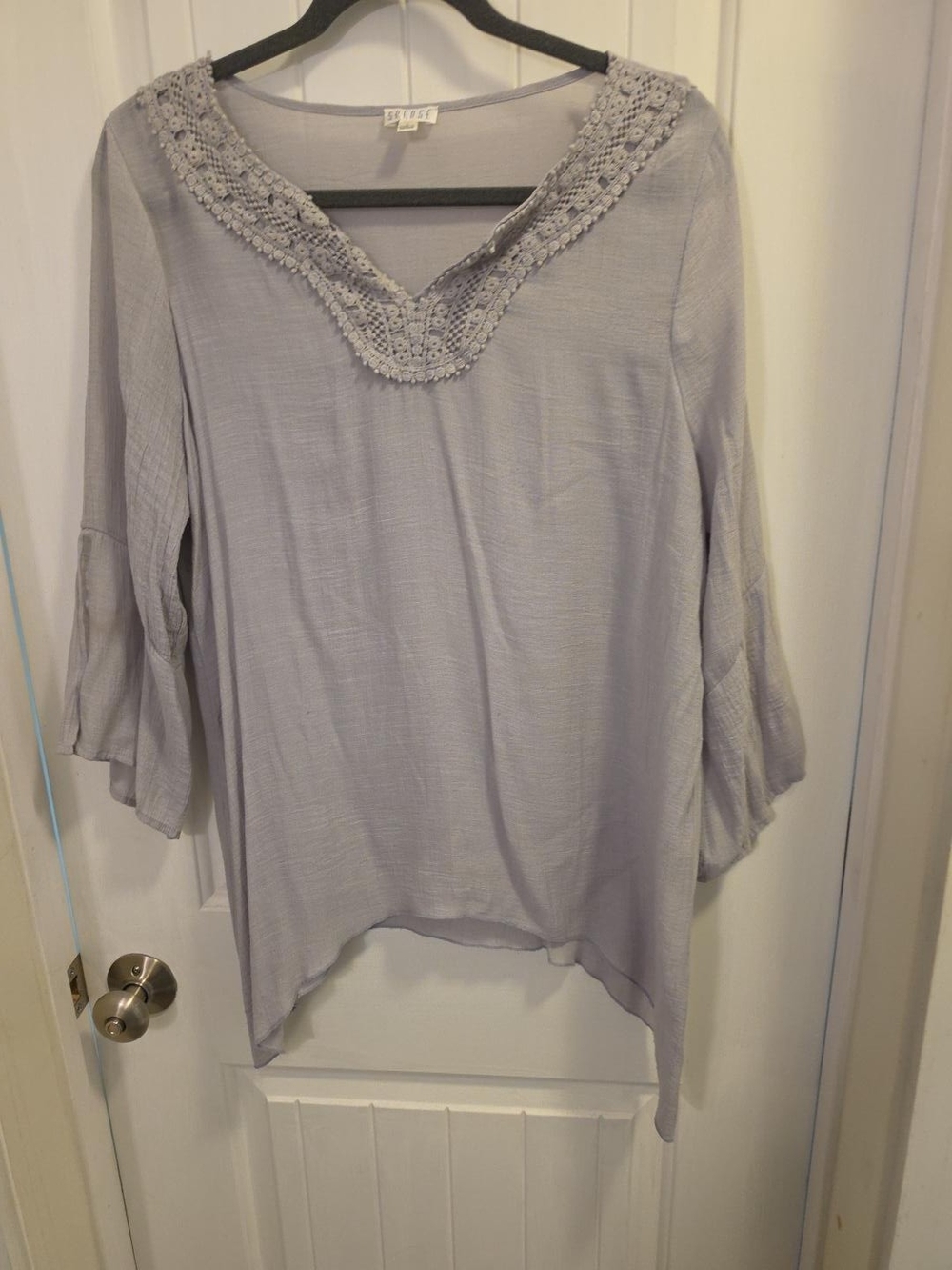 Spense Gray Crochet V-Neck Bell Sleeve Tunic Top Size L